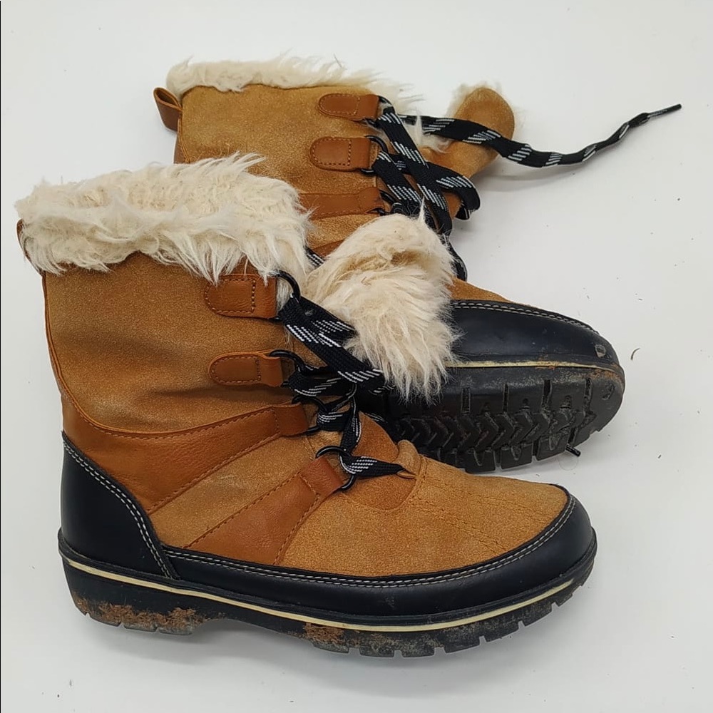 Women Snow Fall Boots Tan Brown Quilted Suede Leather Lace Up Ankle SZ 6 Fur